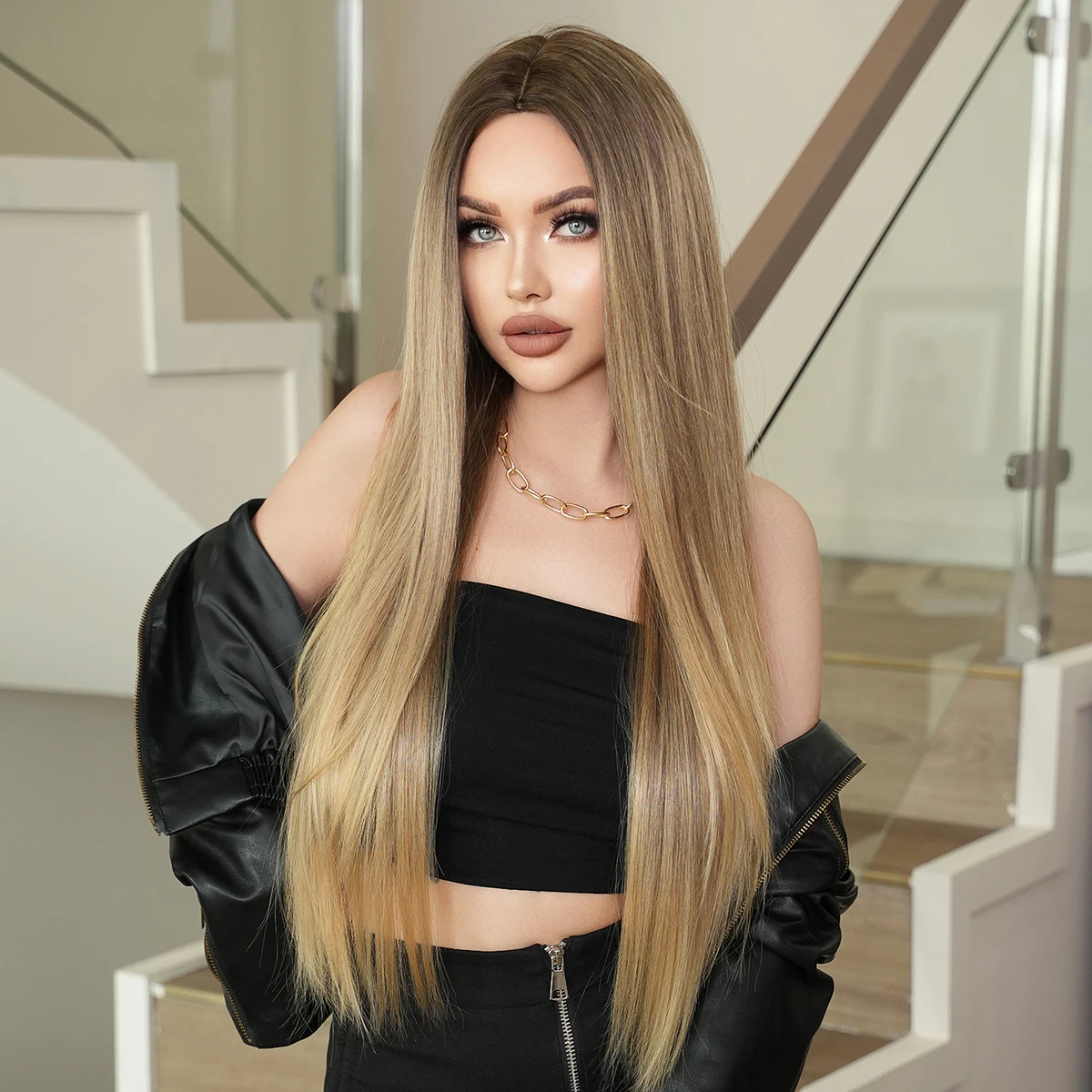 PARK YUN Blonde Wig Long Body Straight  for Women Daily Use Fashion Synthetic Blonde Straight Hair Wig With Bangs High Density