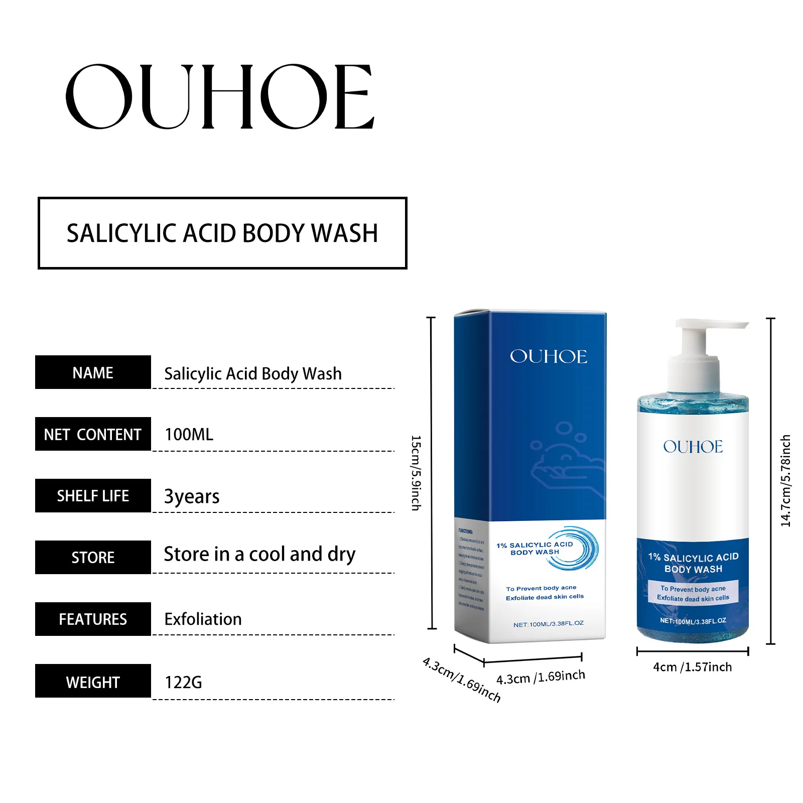 OUHOE 100 مل جل الاستحمام بحمض الساليسيليك لتنظيف المسام بعمق ويزيل خلايا الجلد الميت يجعل البشرة أكثر سلاسة وناعمة والانسداد