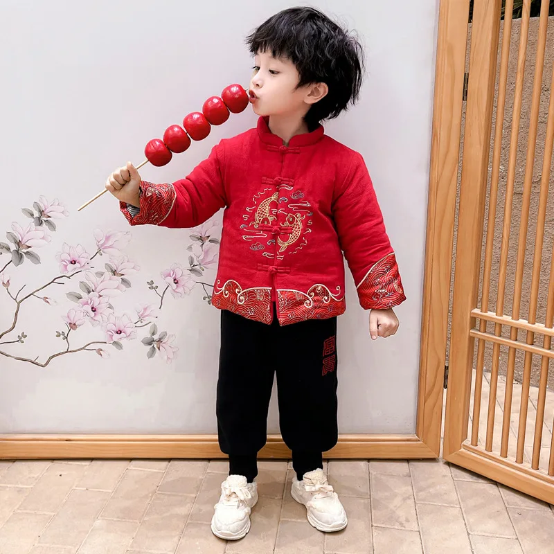 

Tang Suit Children's Clothing Winter Baby Thickened Plush Warm Ancient Chinese Style Boy Hanfu Long Sleeved Trousers Suit
