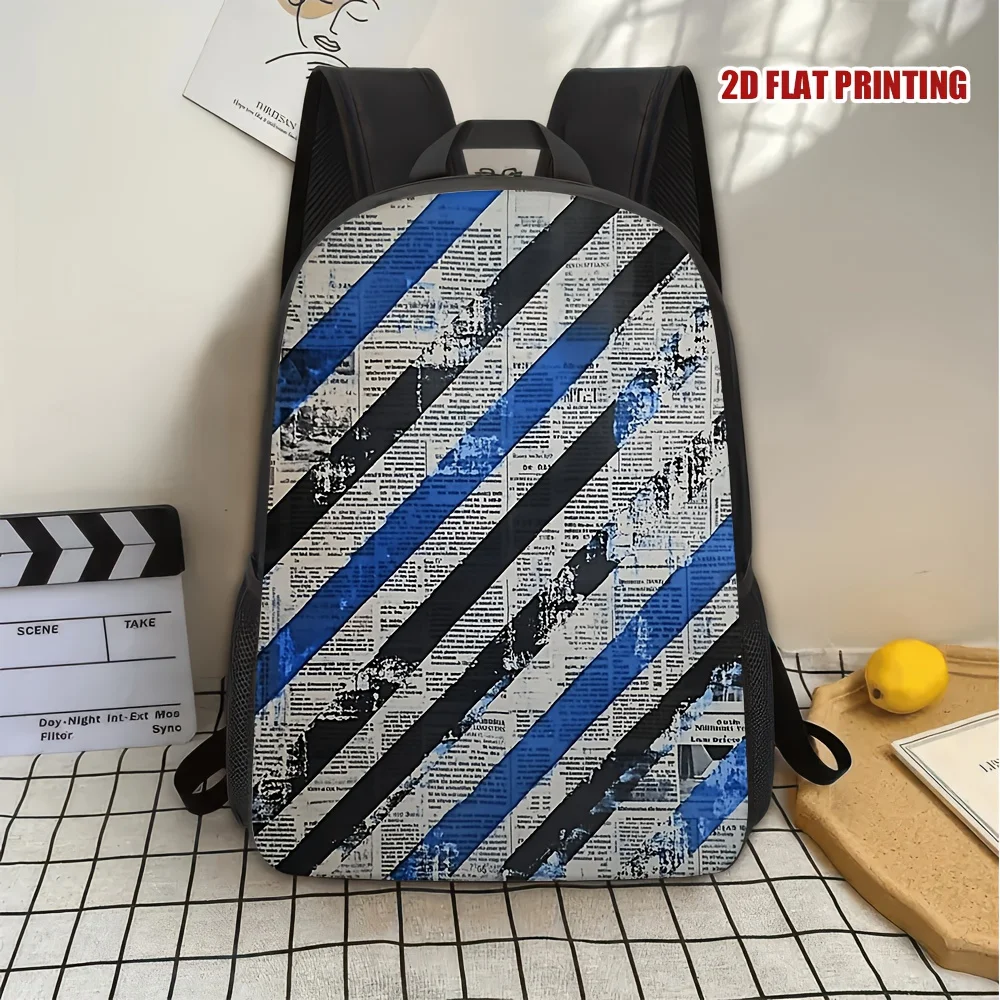 

A blue striped newspaper collage backpack is stylish and practical, perfect for teenagers to school and daily use. For teenagers