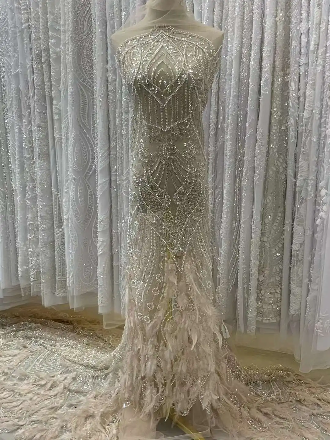 African Nigerian Feather Lace Fabric 2024 High Quality Lace Luxury Sequins Beaded Embroidery Wedding Bridal For Dresses Sewing