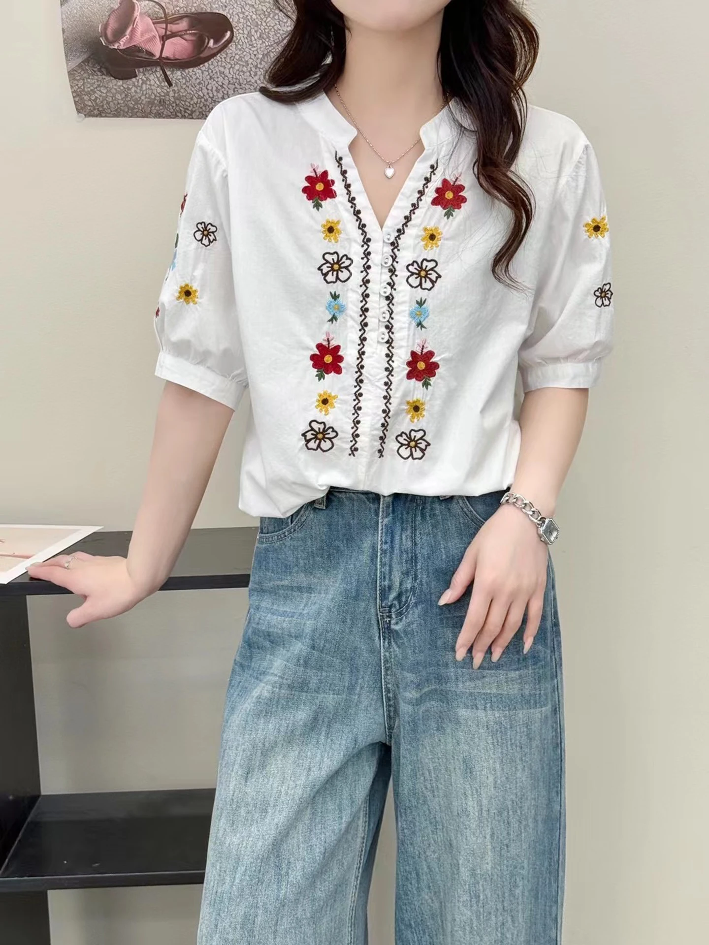 New 2025 Summer Cotton Short Sleeve Shirt, Women V Neck Embroidery, Mori Girl Vintage Ethnic Style Casual Loose Blouse T55771CC