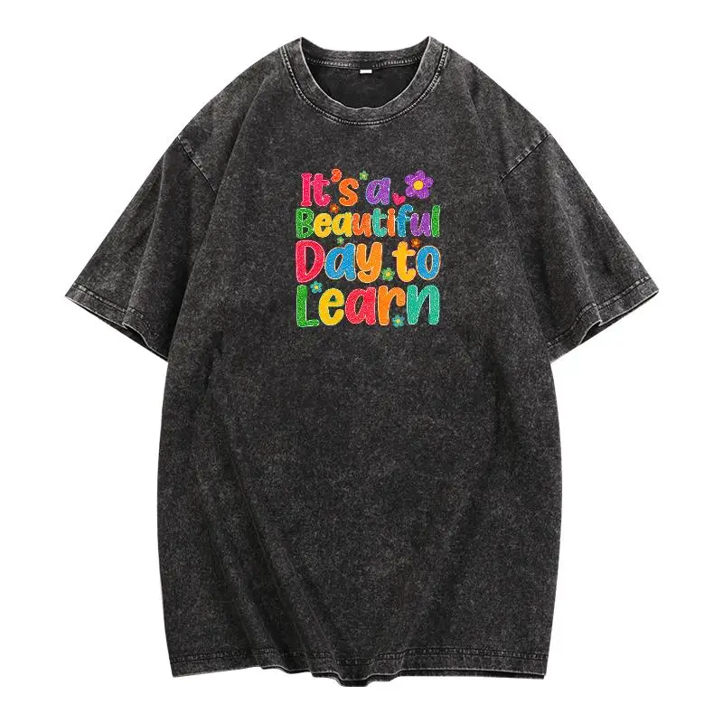 

"Beautiful Day to Learn" T-Shirt Unisex Washed Retro Teacher Graphic Tee Student School Inspirational Cotton Top Gift