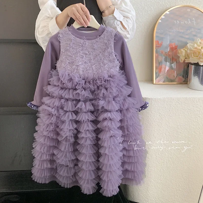 Kid Girl Two Piece Set Dress for Children Textured Upper Bodice Long Sleeves and Extensive Layered Ruffled Tulle Skirt Elegant