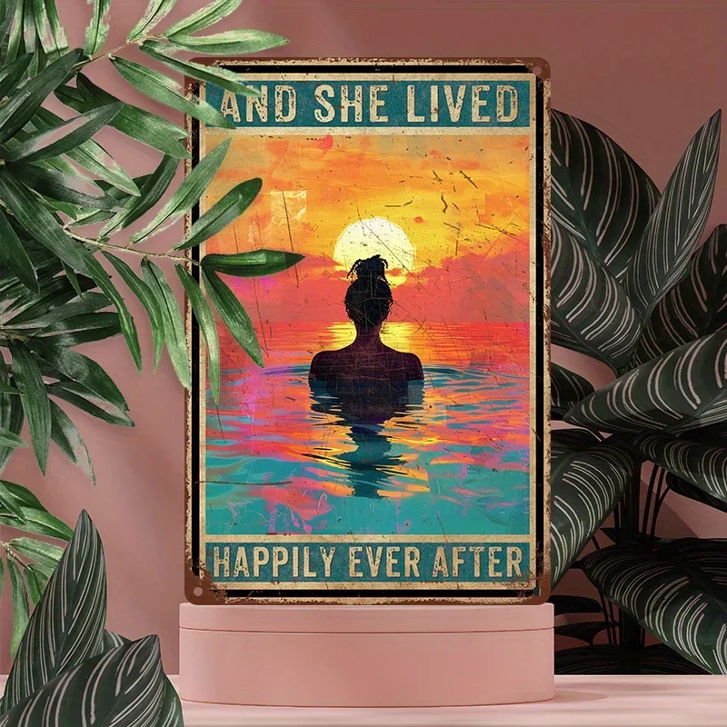 [Vintage Aluminum Wall Sign] 20.32X30.48 cm Vintage Aluminum Wall Sign - 'And She Lived Happily Ever After' | Retro Sunset Desig