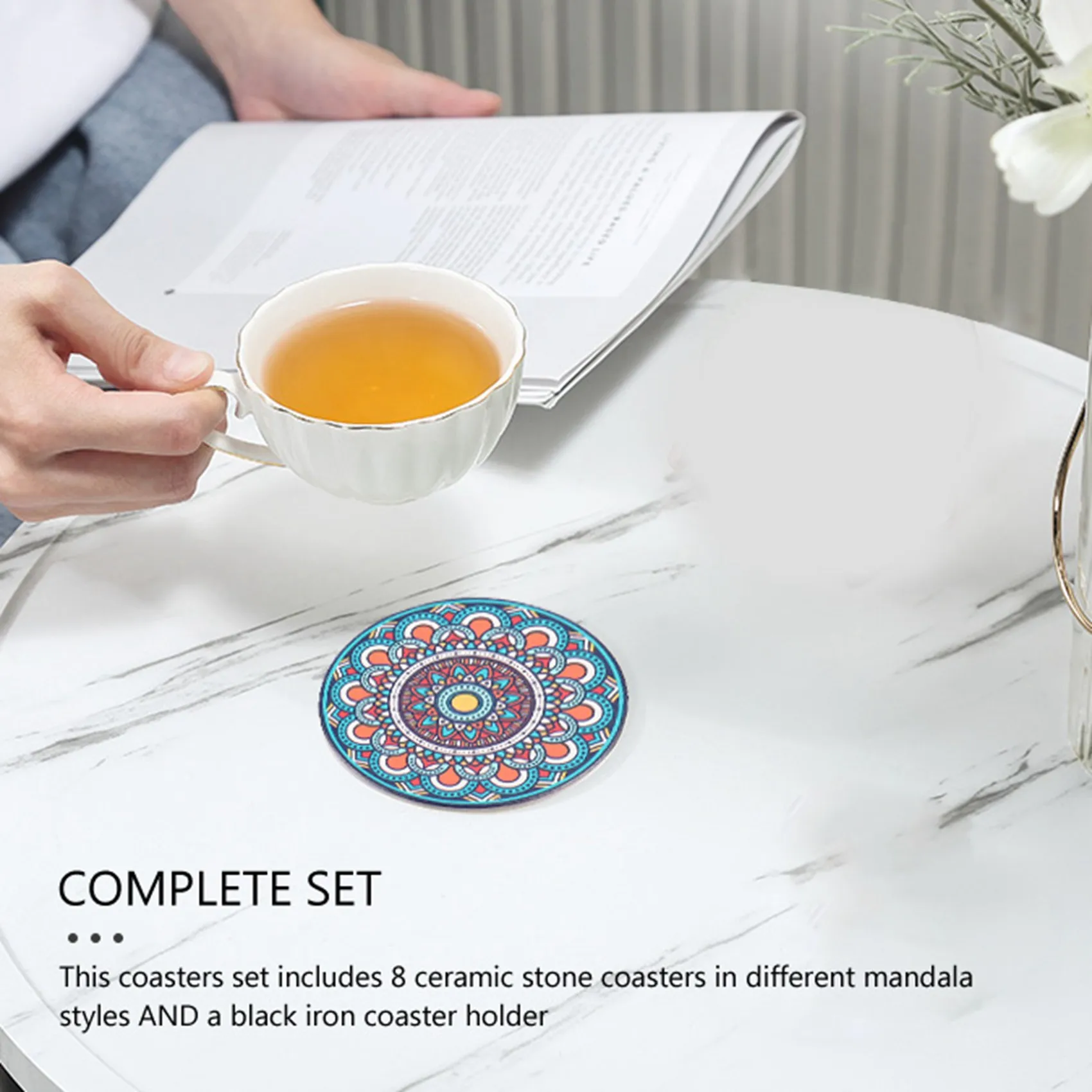 HRBAJ-Coasters For Drinks, Set Of 8 Absorbent Stone Coasters For Wooden Table, Mandala Coasters With Cork Base