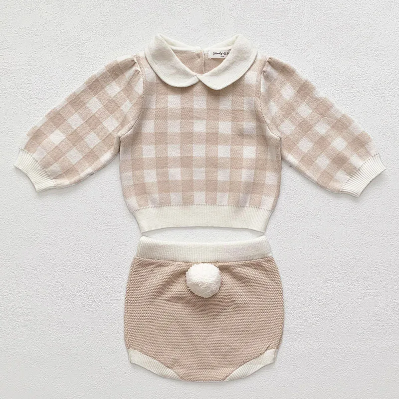 2024 New Autumn Infant Baby Girls Clothing Set Long Sleeved Lattice Knitted Pullover Sweater+PP Shorts Children Clothes Suit