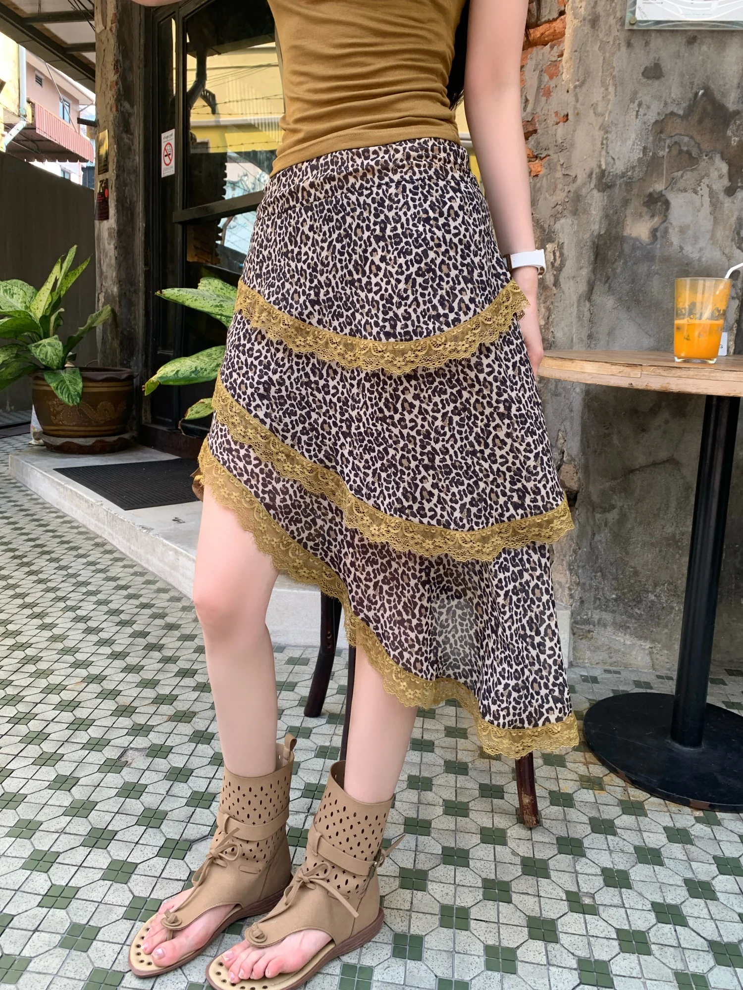 MaoNi QingLing Fog Sensation Spicy Girl Leopard Print Lace Cake Skirt Minimalist Style Slimming Asymmetrical Half-length Skir...