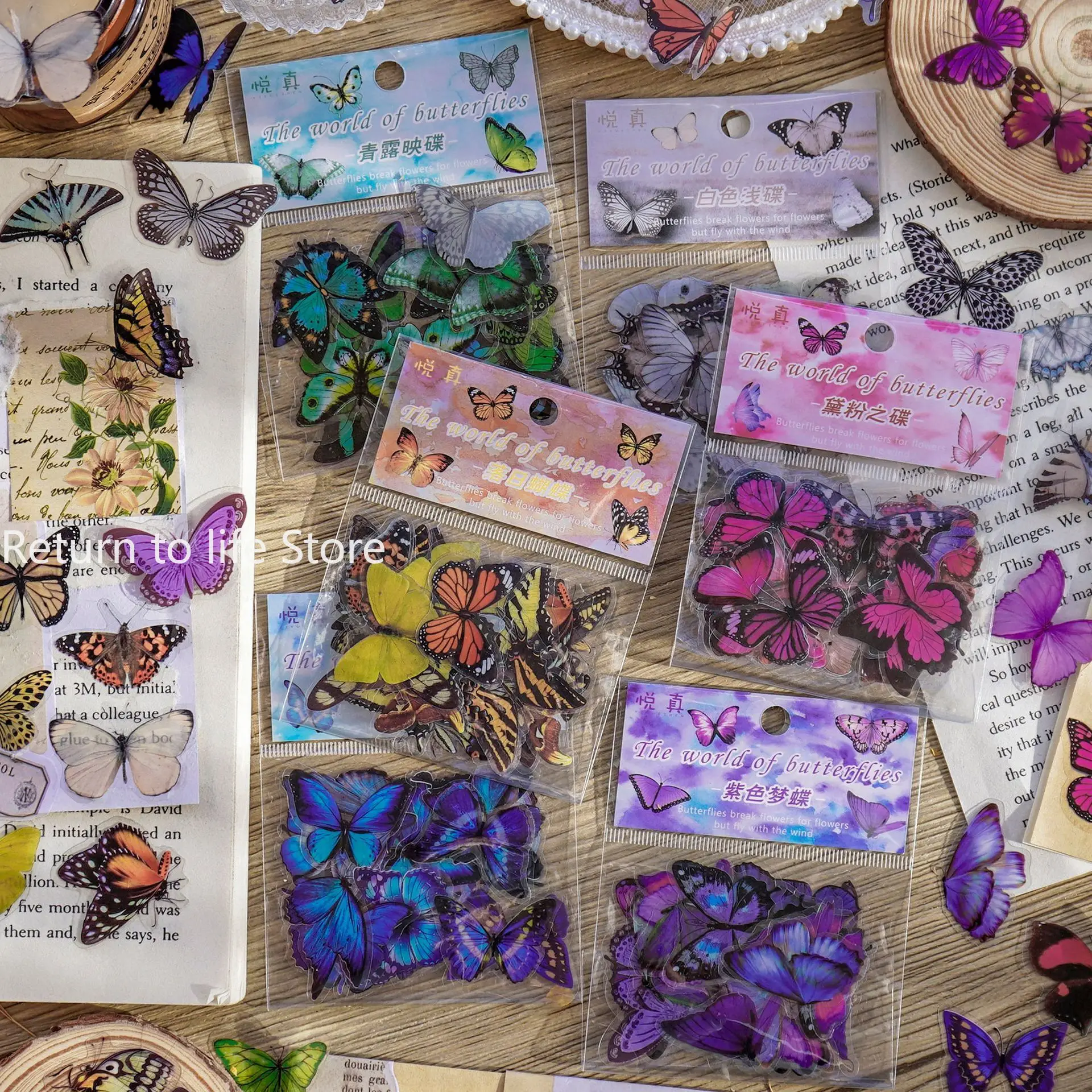 40Pcs/Bag Colorful Butterfly Stickers PET Transparent Decorative Epoxy Resin Fillings for DIY Epoxy Resin Crafts Book Decor