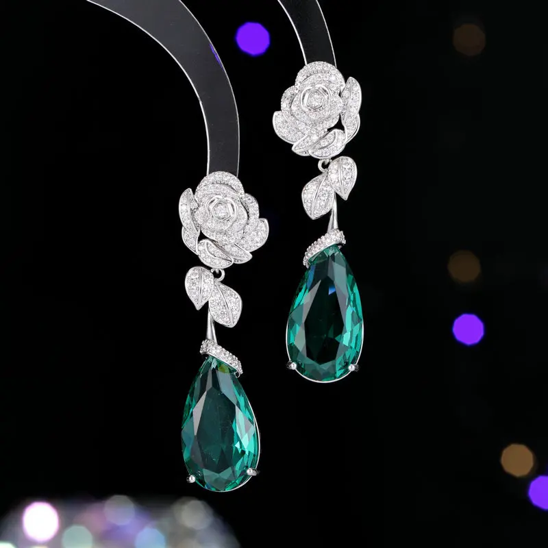 

S925 Silver Needle Fashion Retro Long Floral Earrings European and American Heavy Craft Micro Pave Zircon Camellia Water Drop Ea