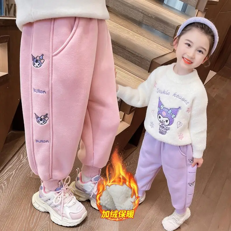 2024 귀여운 산리오 쿠로미 바지 소녀 만화 귀여운 가을 겨울 따뜻한 스포츠 바지, 어린이 야외 느슨한 두꺼운 바지 선물