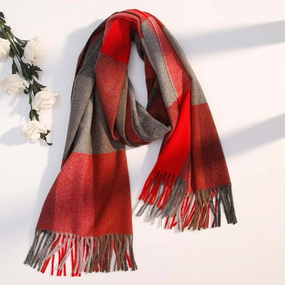 وشاح من الصوف الكلاسيكي منقوش ناعم من البوليستر المحبوك وشاح من الصوف على الطراز الكوري بألوان متباينة وشاح طويل مع شرابة مقاومة للرياح #2