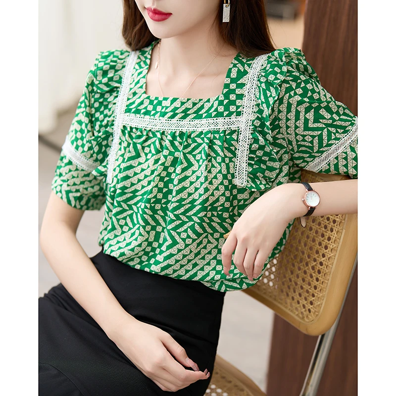 

Sweet Lace Patchwork Puff Sleeve Square Collar Female T-shirt Green Summer Loose Lady Chiffon Shirts Fashion Plaid Blouses Tees