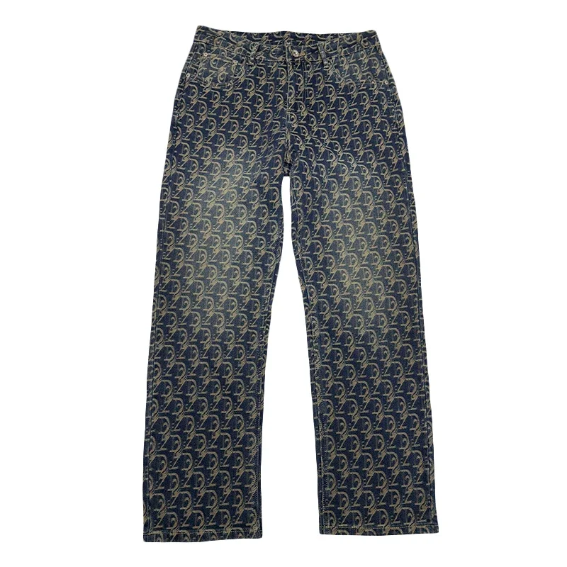 Ropa de calle para hombre, moda Hip Hop Jacquard, pantalones vaqueros holgados informales de talla grande, pantalones vaqueros rectos Y2k