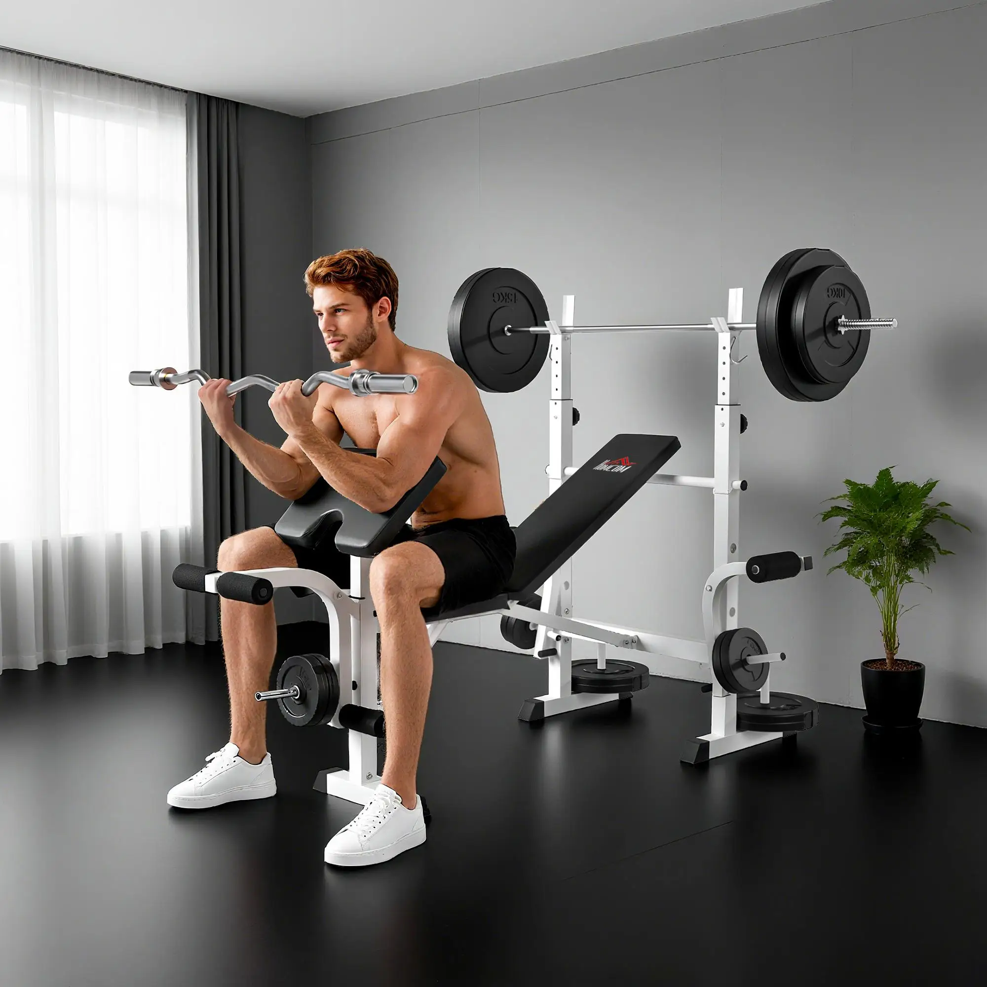 Banc de musculation multifonction avec support pour haltères, presse à jambes, presse à pectoraux et repose-bras, acier, Noir + Blanc