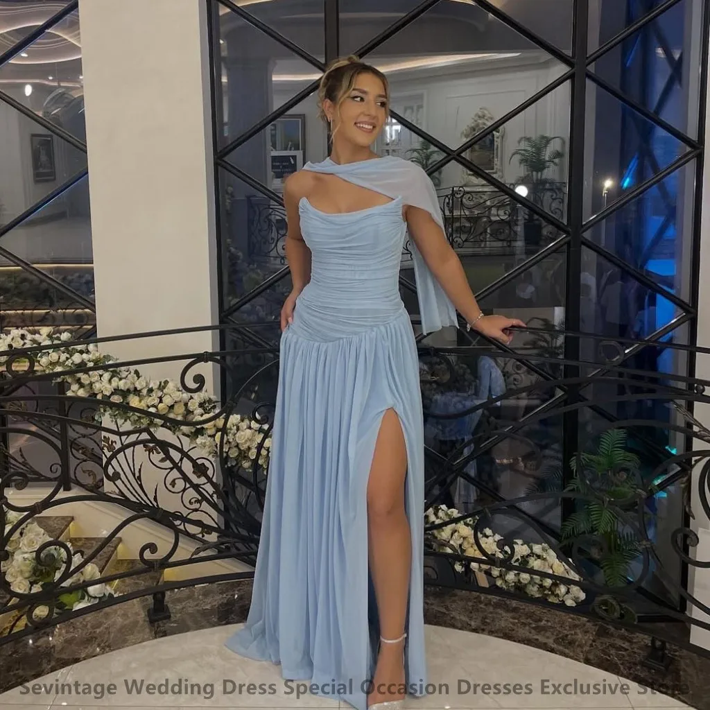 

Sevintage 2025 Sky Blue Chiffon Maxi Evening Dress With Wrap A Line Wedding Formal Prom Dress Dubai Party Gown Robe de soiree