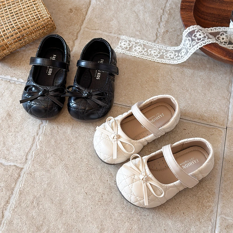 Girls' PU Leather Shoes Fashion Spring Autumn Round Head Bow Flats Ballet Baby Mary Jane Children's Casual Footwear 21-30