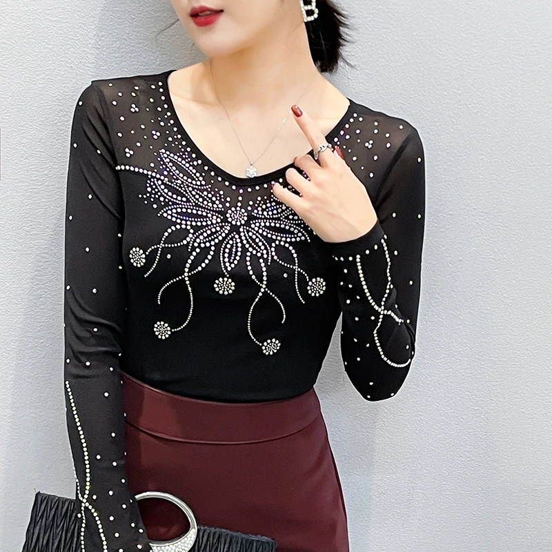 Dazzling 2026 Spring Summer V-Neck Crystal Mesh Top. Elegant Long Sleeve, Body-Hugging Fit T-shirt for a Chic, Slimming Look