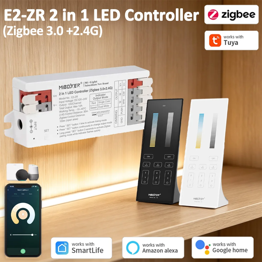 Miboxer E2-ZR 2In1 Zigbee 3.0+2.4GHzRF Smart LED Controller Single/Dual Color LED Strip Dimmer with 2.4G Remote Control fr Alexa