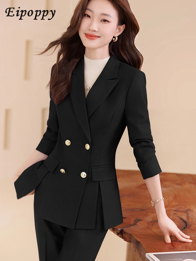 Autumn Winter Coffee Pink Black Navy Pant Suit Women Office Ladies Business Work Wear Blazer and Trouser Formal 2 Piece Set