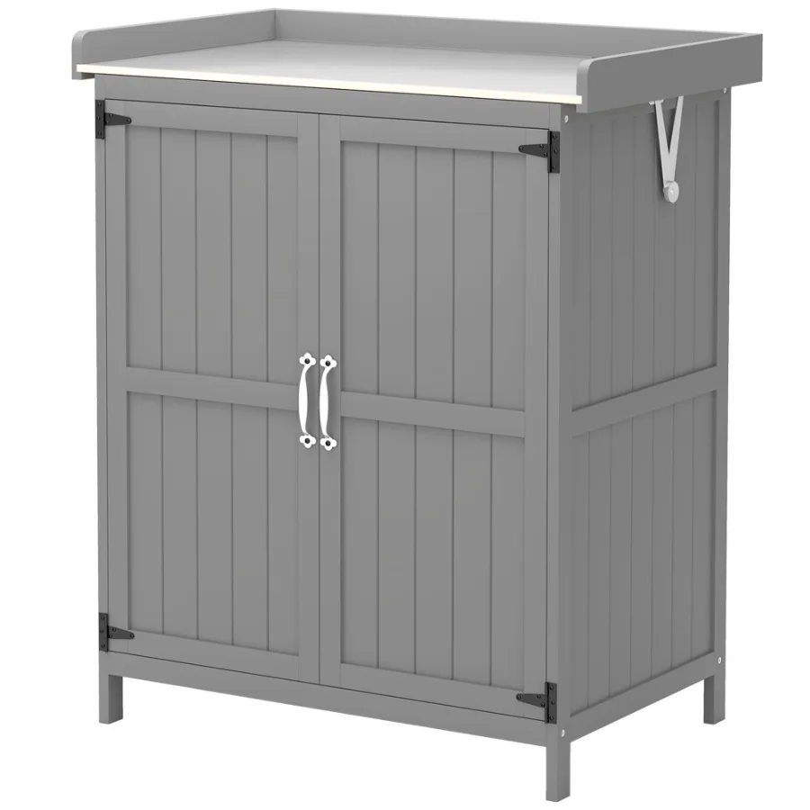 

Outdoor Storage Cabinet Garden Tool Shed with Metal Tabletop and Shelf Wooden Potting Bench with 2 Doors Gray