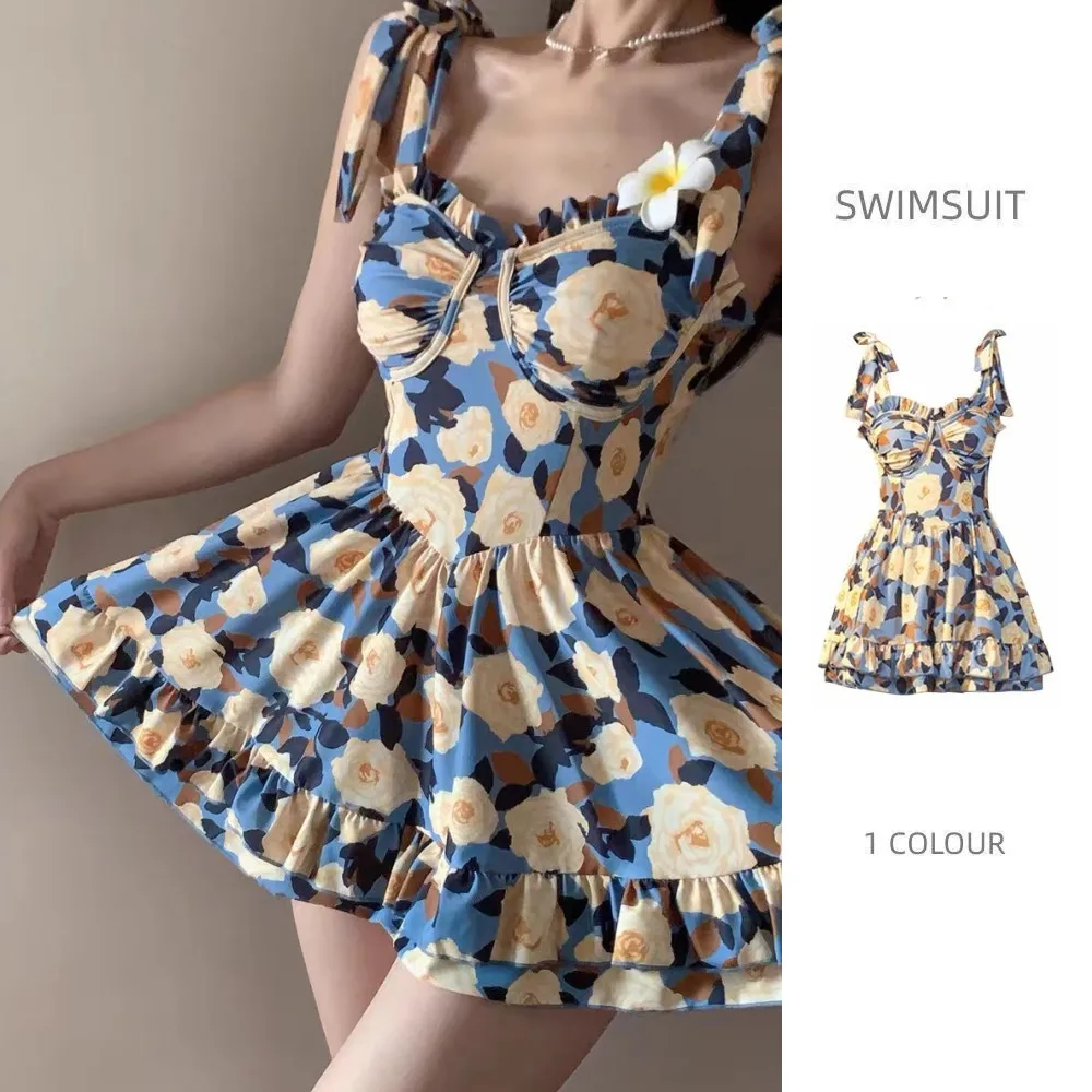 

One-piece Swimsuit Women's Retro French Print Slim Meat-covering Boxers Soak in Hot Spring Swimwear High-end Ins Style