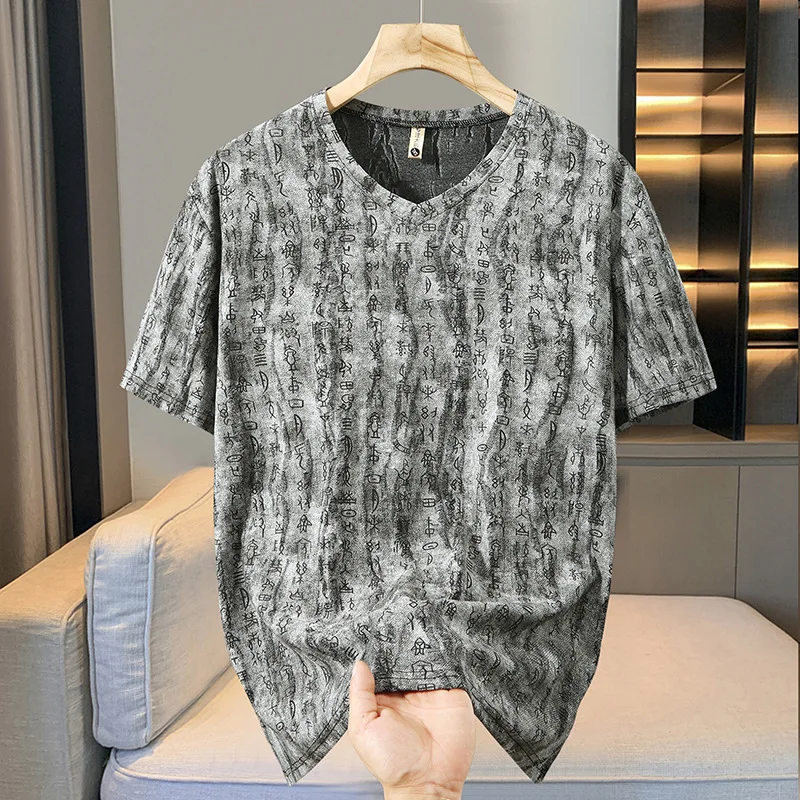 

Men summer Chinese style tie dye V-neck short sleeved t-shirt trendy brand loose plus size ancient text hole160kg 12xL