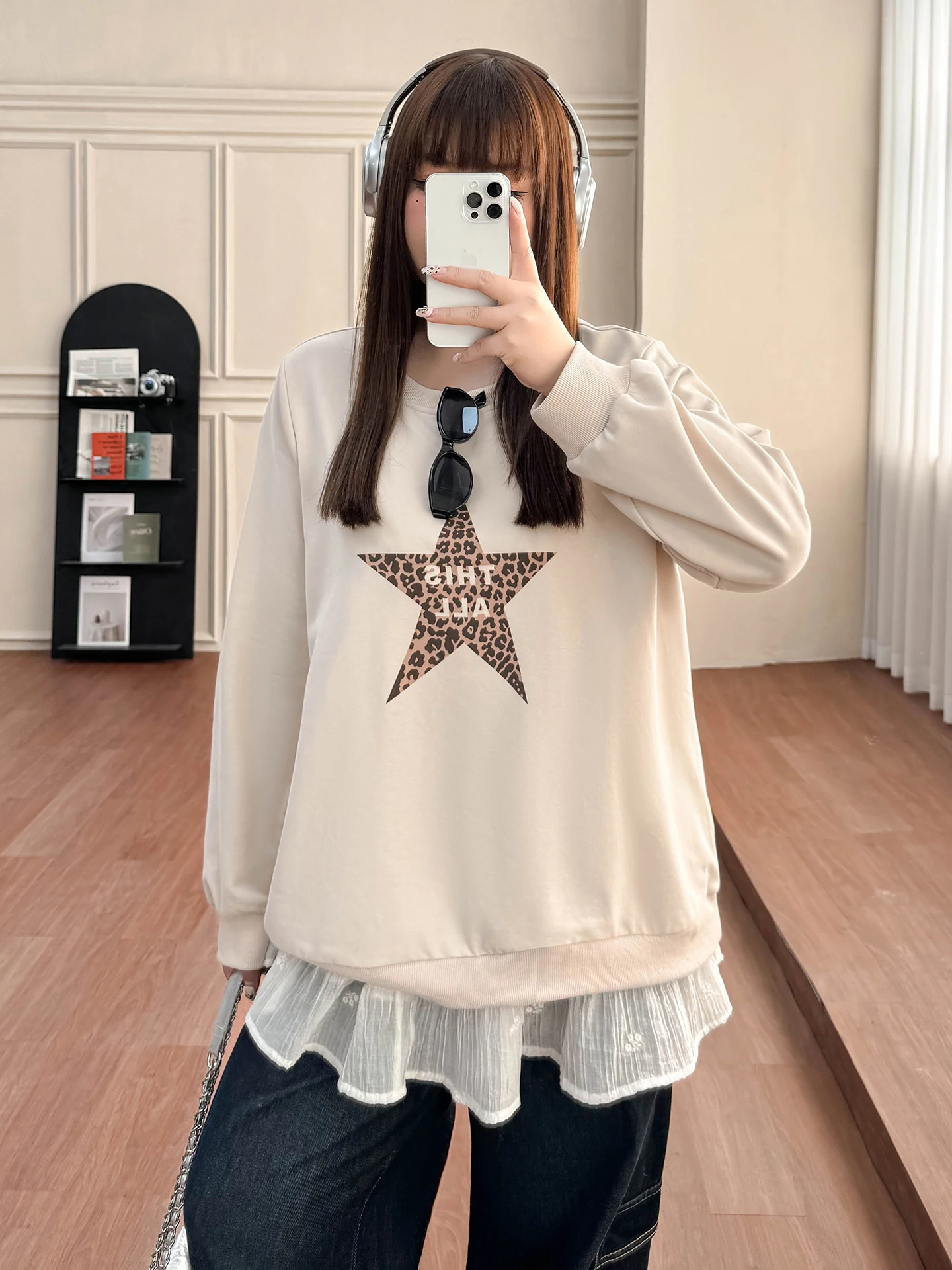 

Женский модный американский худи больших размеров с круглым вырезом, леопардовым и звездным принтом, комплект из двух предметов, весенний повседневный, с высокой талией, хлопковый