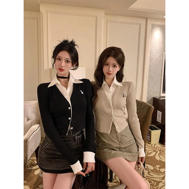 

Polo Collar Knitting Cardigan Women Fashion Patchwork Embroidered Long Sleeve Shirts Knitwear Ladies Fashion All-match Tops