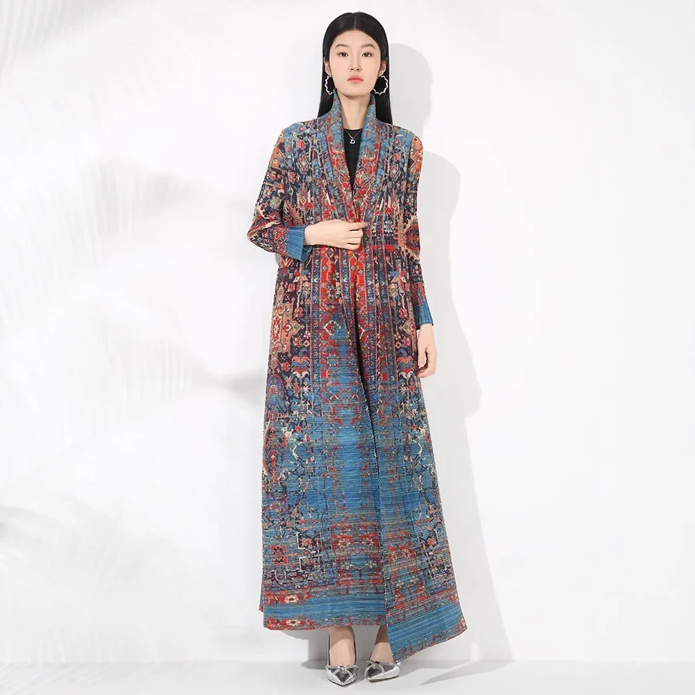 Miyake Pleated Vintage Printed Turn-down Collar Long Sleeve Long Jacket Women Designer Abaya New Dubai Fashion Plus Size Coats