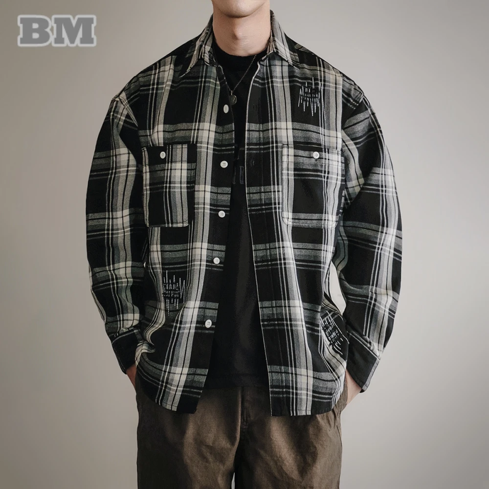 

Мужская винтажная клетчатая рабочая рубашка в японском стиле, весна-осень, негабаритная американская повседневная уличная одежда с длинными рукавами, модная свободная верхняя одежда