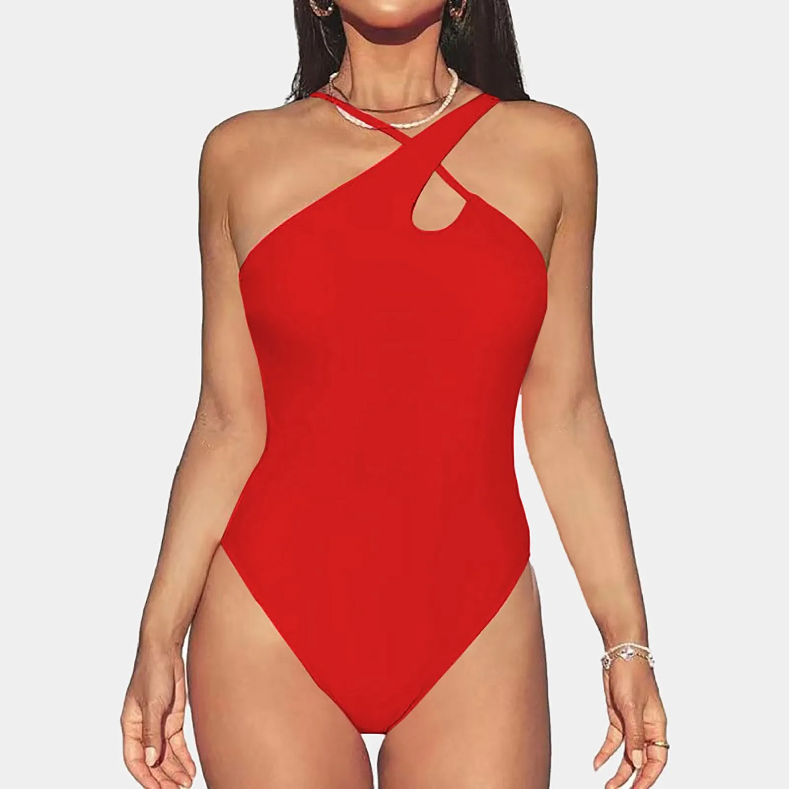 Women'S Single Shoulder Swimwears Bodysuit Sexy Solid Color Swimming Pool Red Bikini Set Ladies Sexy Bather Bathing Suit Swim