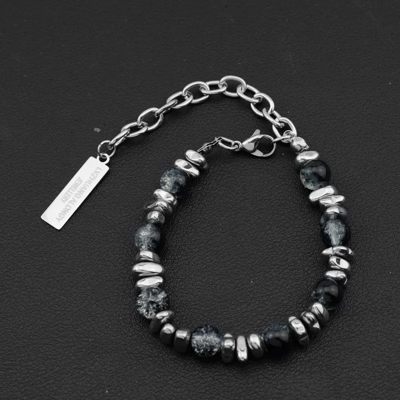 Ice crack splicing black gall stone hand string simple retro design titanium steel senior sense hundred collocation