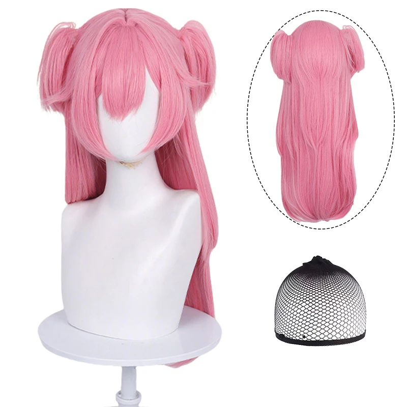Puella Magi Madoka Momoi Airi Cosplay Wig Long Pink Twin Ponytails for Halloween Party +Free Wig Cap