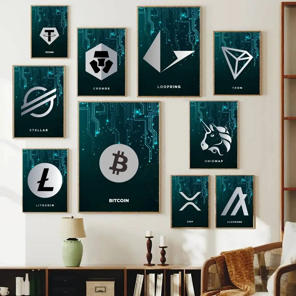 Tech Circuit Crypto Symbol Poster Digital Coin Logo Geometric Print Unframed Paper Wall Art for Office Trader Study Modern Decor