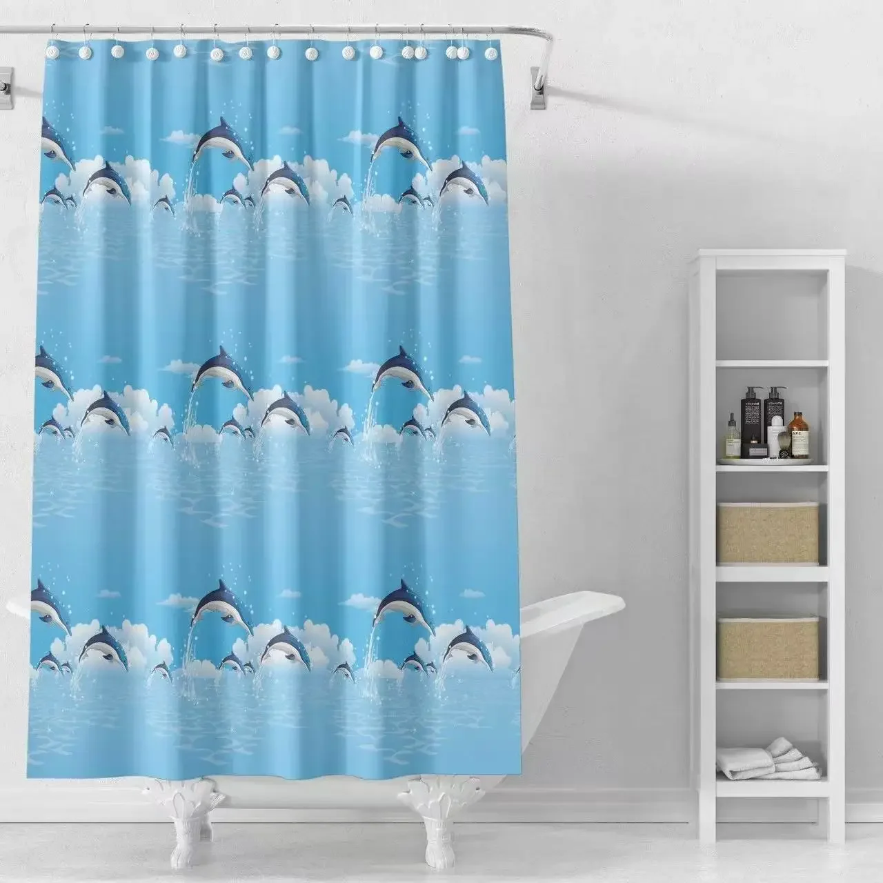 

Shower Curtains Cartoon Dolphin Print Waterproof Bathroom Curtain Quick Dry Blue Children Curtain for Toilet with Hooks 200cm