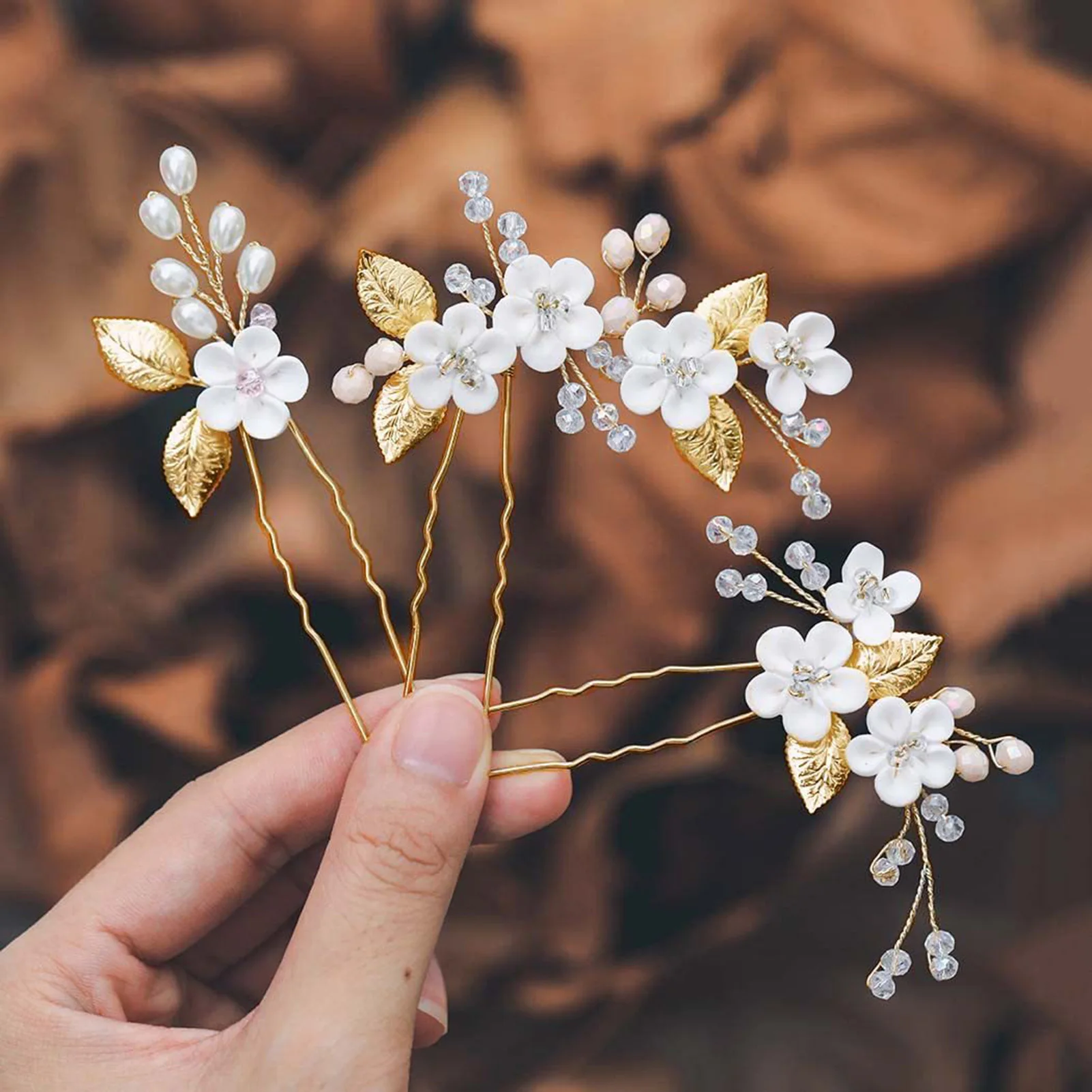

3pcs Soft Clay Flower U Hairpins Set Handcrafted Alloy Leaves Elegant Bridal Wedding hair jewelry Evening Party Accessories
