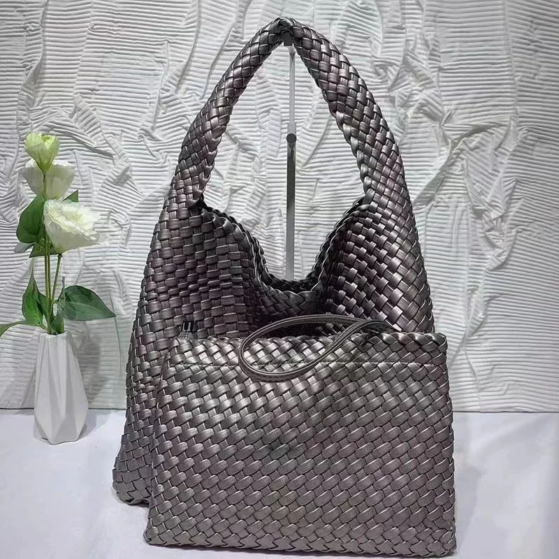 Women's large capacity handbag shoulder bag PU woven bucket bag tote bag