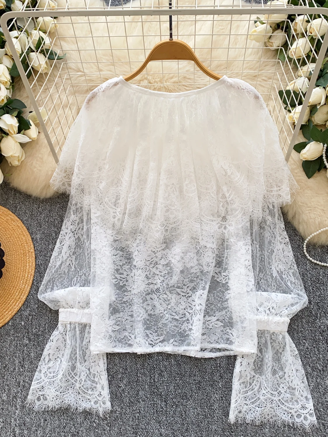 Süßes, sanftes SLE-Spitzenbesatz mit Gürtel, rund, Ne Bell Sve, dünnes Oberteil für Damen, Herbst-Außenabdeckung, irt, lockere Passform, atmungsaktiv