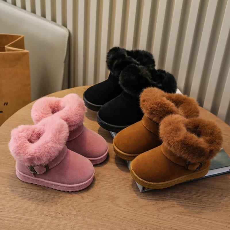 Toddler Kids Furry Cuff Winter Boots, Adjustable Buckle, Plush Lining, Non Slip Sole for Cold Weather Daily Outdoor Wear