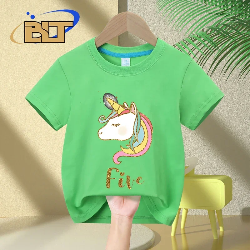 T-shirt da compleanno per bambina unicorno 5th summer kids cotton a maniche corte casual top regalo di compleanno