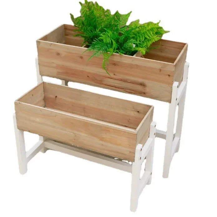Mesa de flores pastoral de madera con soporte para flores, maceta grande de partición, espacio de diseño para almacenar retro