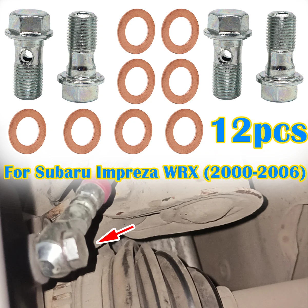 

12Pcs Front Left Right Caliper Hose Lines Banjo Fittings Bolts Copper Sealing Crush Washers Repair For Subaru Impreza WRX 20-06