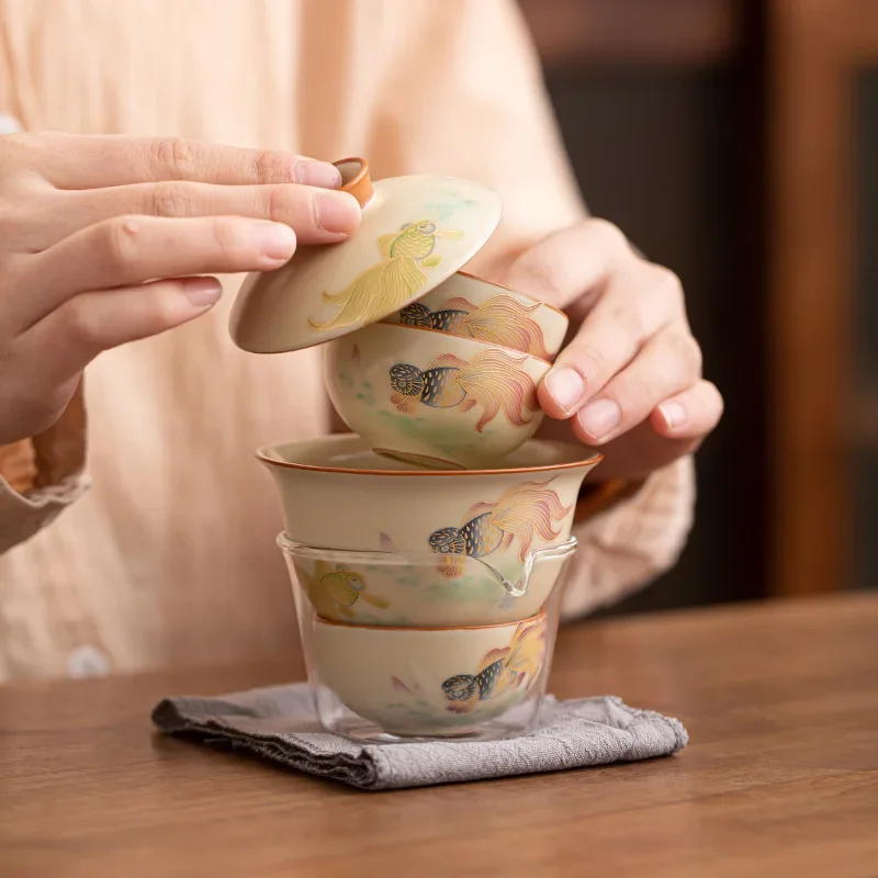 Ruyao Outdoor Travel Tea Set Portable Bag Ceramic One Pot Three Cups Covered Bowl Tea Cup Quick Cup Business Companion Gift
