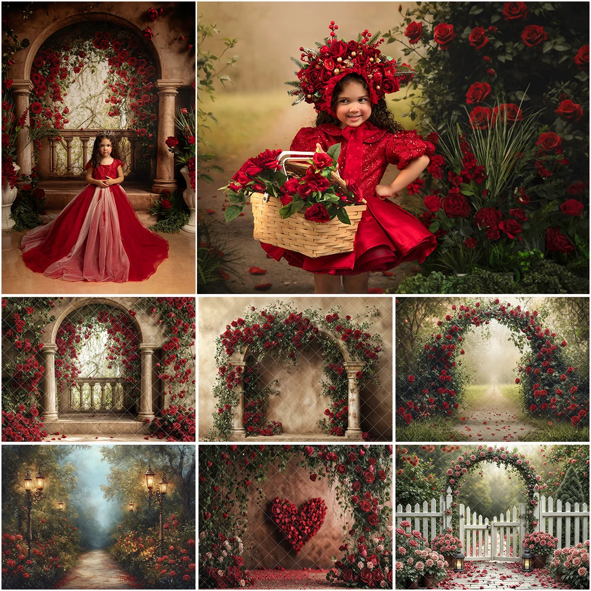 

Enchanted Red Rose Arch Photography Backdrop Valentine's Day Theme Cake Smash Background Kids Birthday Photo Studio Props