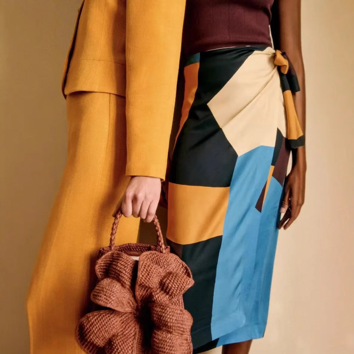 

2025 Sezanes Summer French Vintage Foreign Geometric Figure Colorblocking Printed Tie High Waist Mid-Length Half-Body Skirt