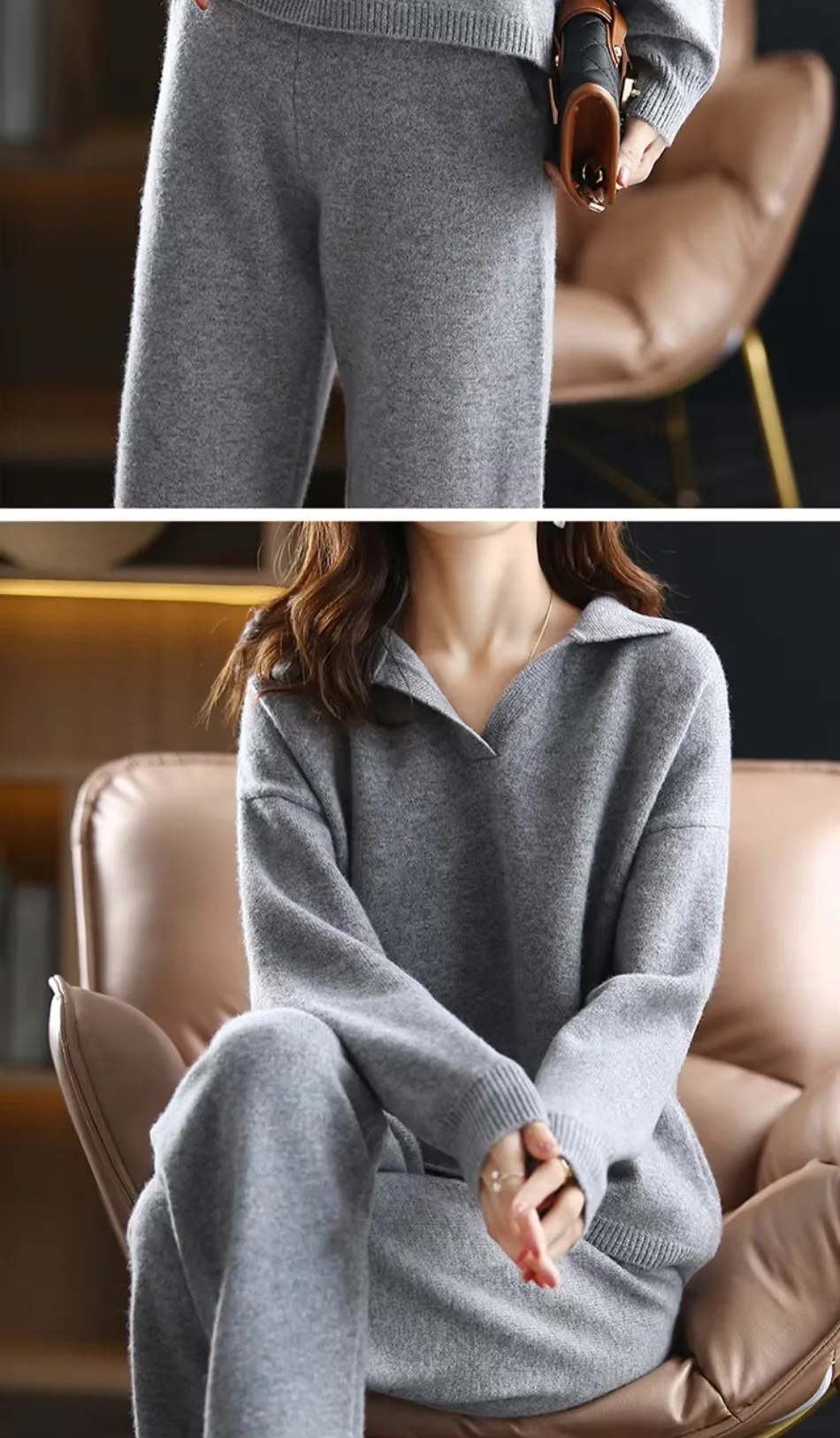 Winter 2026 Neuer Kaschmiranzug für Damen, lockerer Pullover mit Revers, lässige, weit geschnittene Hose, gestrickt, 100 % reine Wolle, zweiteiliger Anzug – Detail 16