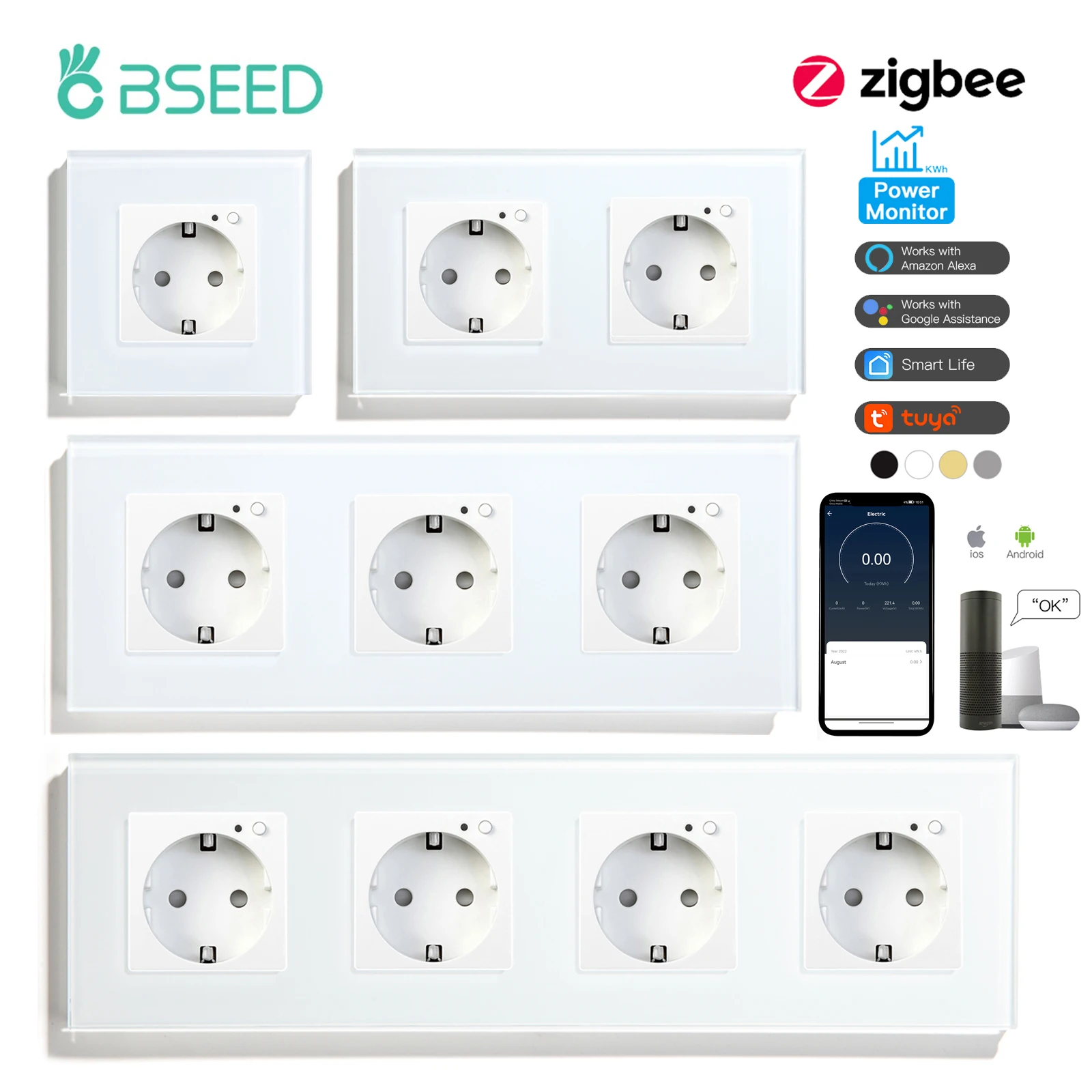 

BSEED Zigbee Wall Socket EU Socket Smart Power Monitor Electric Sockets Glass Frame Tuya Smart Life Alexa Alice Control 16A