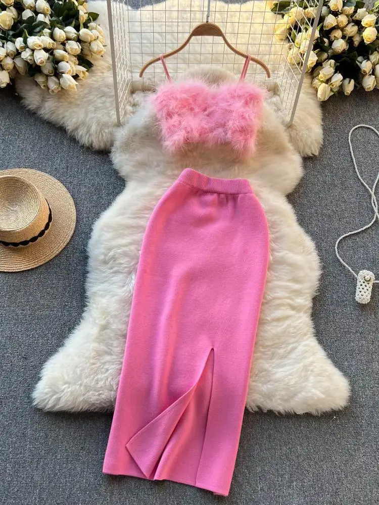 Tops cortos de felpa sin mangas para mujer, conjuntos de falda dividida de cintura alta elástica negra, conjuntos de dos piezas grises, rosa y Sexy, primavera y verano