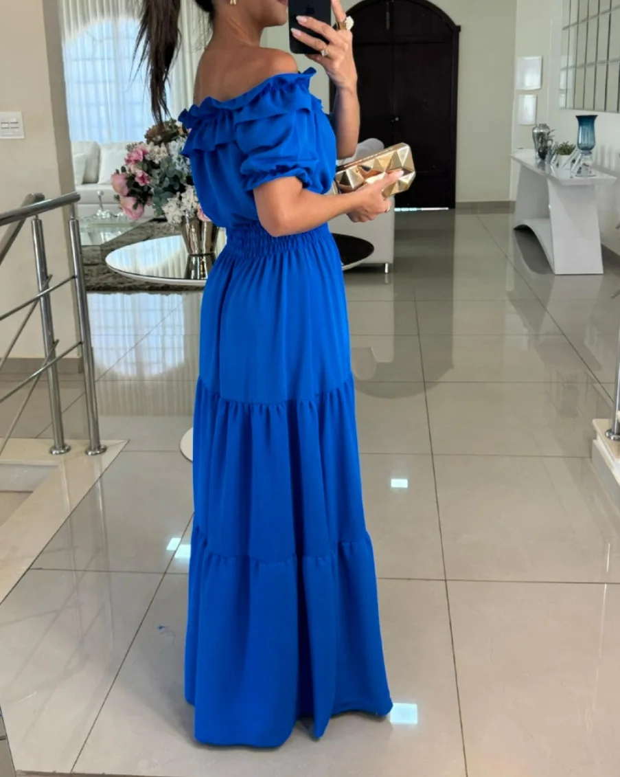 Moda Off Shoulder sznurowane długie sukienki z falbanką 2025 letnia nowa sukienka wakacyjna Boho kobieta dojeżdżająca do pracy jednoczęściowa sukienka na co dzień